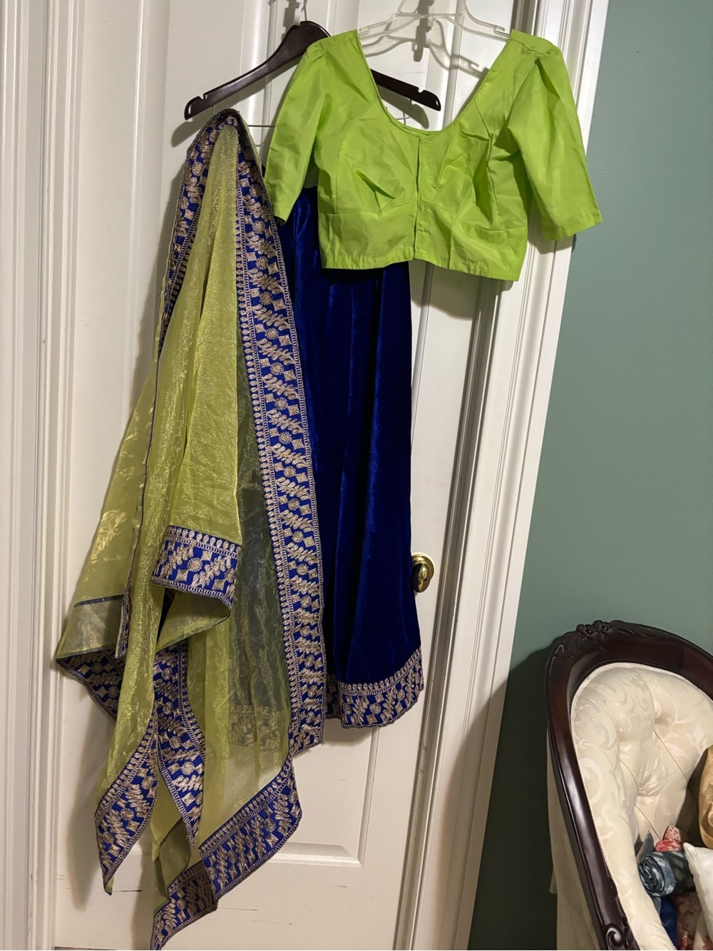 Royal Blue plaza pants with Embroidered Hem with green blouse& matching Dupetta